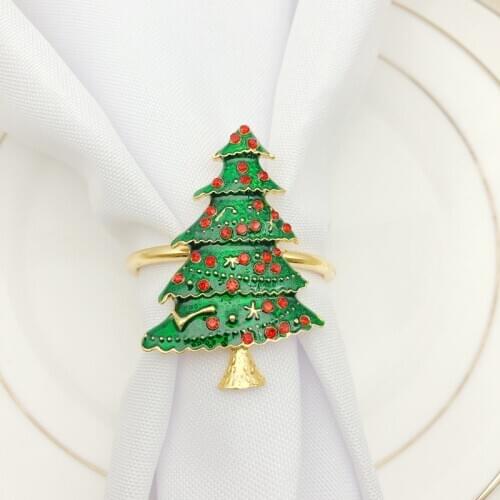 Gold Green Christmas Tree Alloy Napkin Rings With Red Rhinestones Jeweled Home Tabletop Decor Metal Xmas Tree Napkin Circles Set