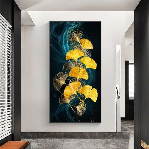 Gold And Blue Ginkgo Leaves Oil Painting On Canvas Print Nordic Poster Wall Art Pictures For Living Room Home Decor No Frame