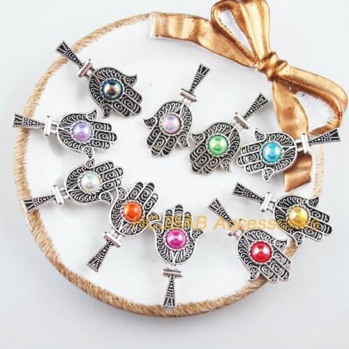 10 New Hand Charms Tibetan Silver Tone Retro Mixed Acrylic Pendants 17.5x33mm