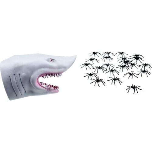 51 Pcs Kid Toy:50Pcs Black Plastic Fake Spider Toys & 1 Pcs Plastic Shark Hand Puppet