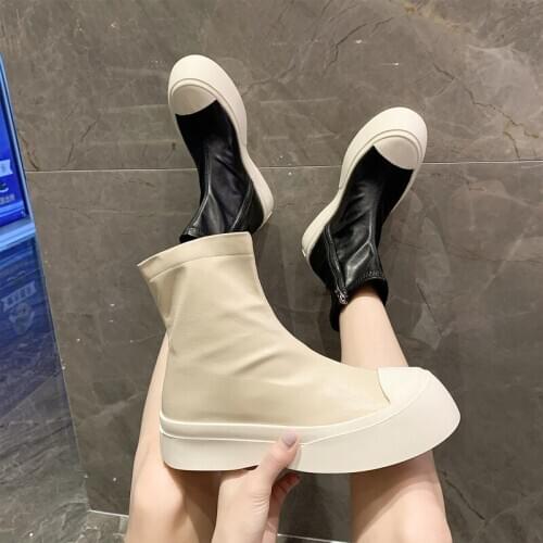 Flat Heel White Shoes Elegant Woman Boots Booties Ladies Round Toe Boots-women Zipper Med Rubber Autumn 2020 Rock Ankle Lolita