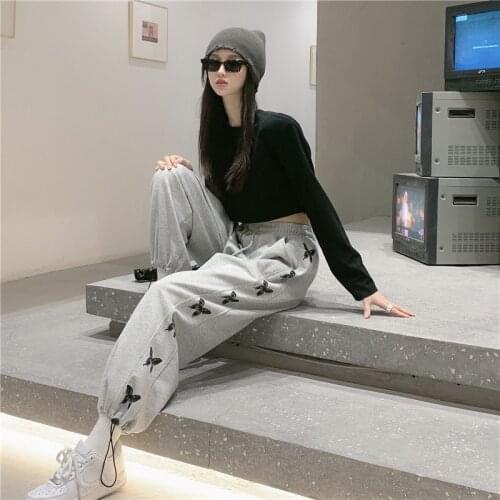 Womens Sports Pants Butterfly Print Gray Elastic Waist Loose Sweatpants Korean Style Oversized Streetwear Trousers Women