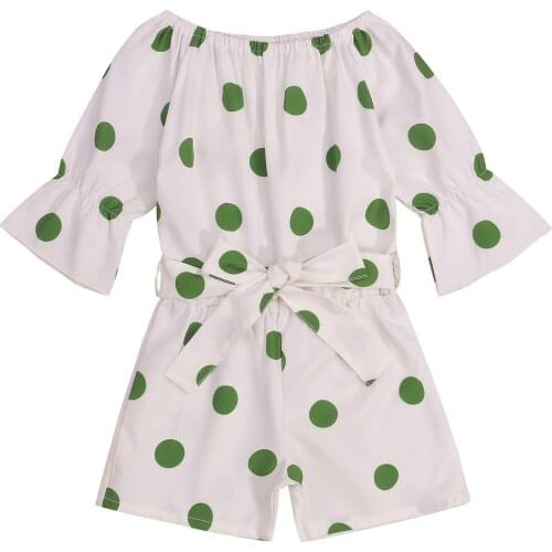 2-7Y Summer Kids Baby Girls Casual Overalls White Wavy Points Printed Pattern Short Sleeve Belted Jumpsuits Playsuit