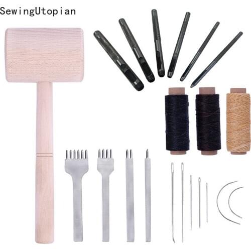 21PCS DIY Leather Craft Tools Wood Hammer Wax Thread Belt Punch Bending Needle Sewing Edge Leathercraft Accessories Kit