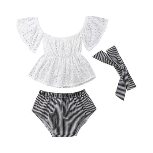 Baby Girl clothes set Lace hollow out short sleeve Top +Stripe Shorts +headband 3Pcs Outfits set clothes