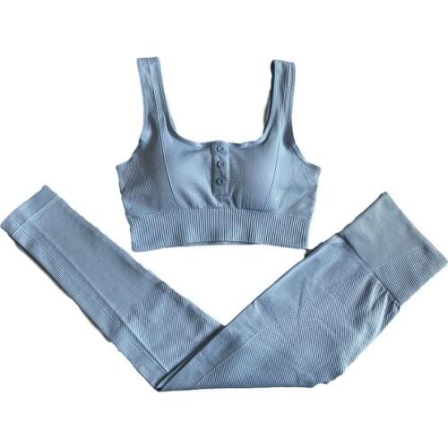 2PCS Women Seamless Yoga Set Sports Suits Buttons Sport Bra High Waist Fitness Leggings Gym Set Sportswear Workout Clothing