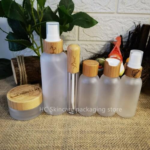 Cosmetic Bottle Cream Jar With Bamboo Wood Lid Frosted Clear Plastic Container Skin Care Packaging Custom Logo Bottles