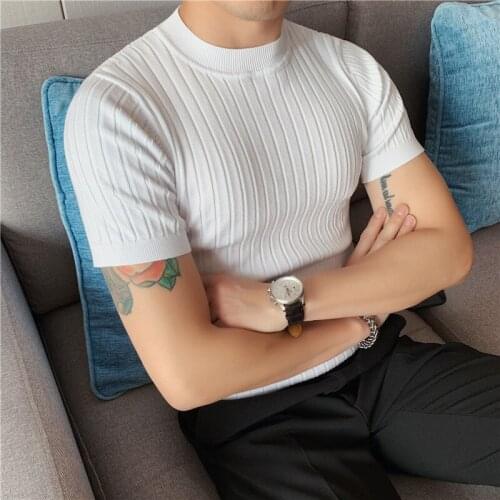 Summer Knitted T Shirt Men Thin Solid Color Half High Neck Striped Short-sleeved Slim T-shirt Streetwear Tops Tees White Black