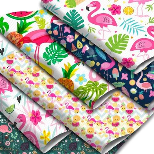 Flamingo Fruits Pattern Printed Synthetic Leather Sheets Pineapple Watermelon Faux Leather Fabric Roll Sewing Materisl for Craft