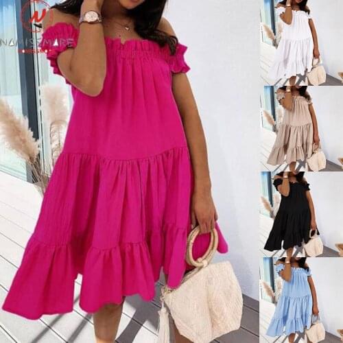 Fashion Women Summer Solid Color A-Line Dress Patchwork Design Ruffles Decor Slash Neck Short Sleeve Loose Pullovers Mini Dress