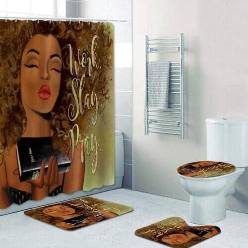 African American Shower Curtain Set Black Girl Work Slay Pray Bathroom Curtain Bath Mat Rug Carpet Toilet Inspiration Home Decor