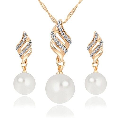 Women Faux Pearl Spiral Rhinestone Wedding Bridal Necklace Earrings Jewelry Set