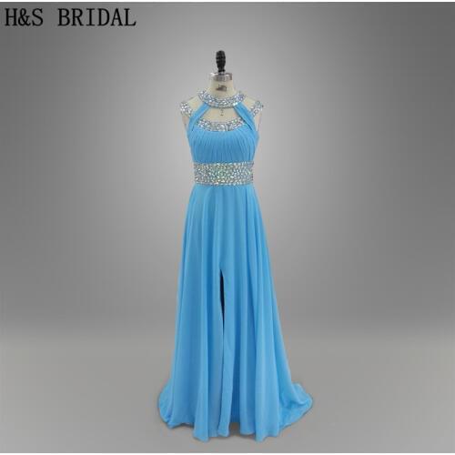 Real photo Halter Backless Front slit Blue evening dress Long Special design Chiffon Evening gown
