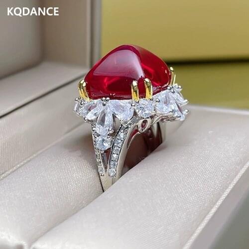 KQDANCE Orginal 925 Sterling Silver 14*14 Simulated Ruby Gemstones Diamond Ring with Big red stone Jewelry woman 2021 Trend