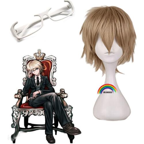 Danganronpa Togami Byakuya Cosplay Wigs Short Fluffy Layered Synthetic Hair Halloween Costume Party Wigs + Glasses free wigcap