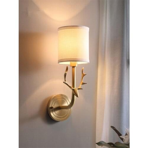 All Copper Antlers Fabric Wall Lamps Bedroom Bedside Deer Head Sconce Wall Lights American Living Room Corridor Deco Fixtures