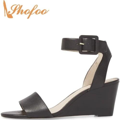 Shofoo Sandal Black/Silver Solid Buckle Strap Super High Wedges Heels Ankle-Wrap Back Strap Leisure Fashion Concise 2021 Summer