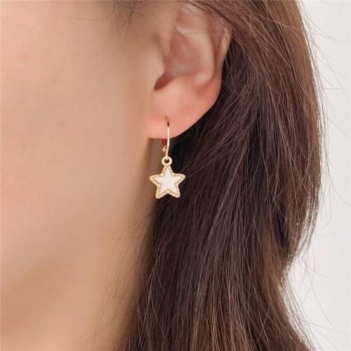 Cute Gold Color Plating Shining Star Green Ivory Peach Purple Charm Hoop Earrings For Women Girl Elegant Delicate Sweet Jewelry