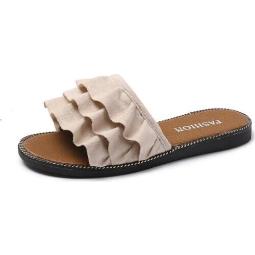 Womens Outdoor Flat Slippers Summer Fashion New Outside Ruffle Edge Slides Sweet Cute Female Flip Flops Casual Sandals