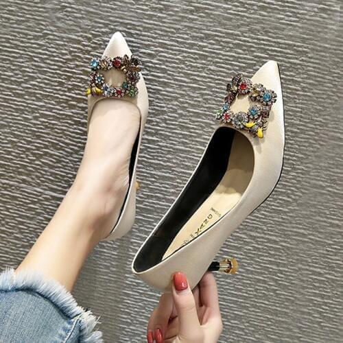 Women Wedding Shoes Red Bridal Shoes Pointed Toe Women Wedding High Heels Pumps Buckle Diamonds Bridesmaid Shoes