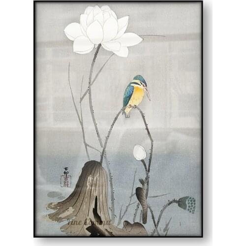 Kingfisher with Lotus Flower Ohara Koson Vintage Japanese Art Poster Bird Animal Canvas Print Asian Painting Wall Art Home Decor