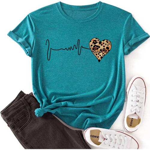 Woman Short Sleeve Colored Graphic Tees Summer T-Shirt Female Tops Shirts for Women Love Leopard Heart Valentines Day
