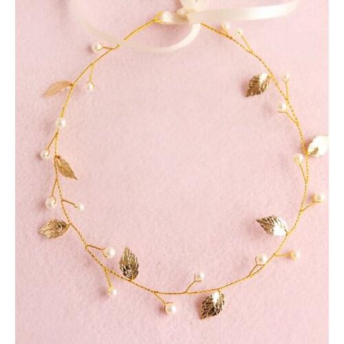 Dower me Gold Leaf Wedding Headband Bridal Pearl Headpiece Handmade Hair Jewelry Accessories Women Headbands