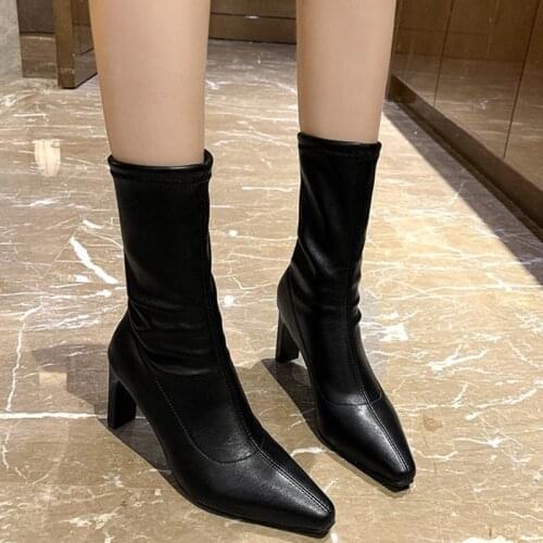 Rimocy 8.5cm High Heels Mid Calf Boots Women 2021 Sexy Pointed Toe Elastic Socks Boots Woman Pu Leather Slip on Thick Heel Shoes