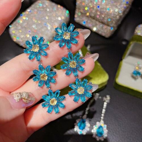 Fashion 925 Sterling Silver Earrings for Women Three Blue Daisy Flowers Crystal Pendant Dangle Earrings for Women Jewelry Gift