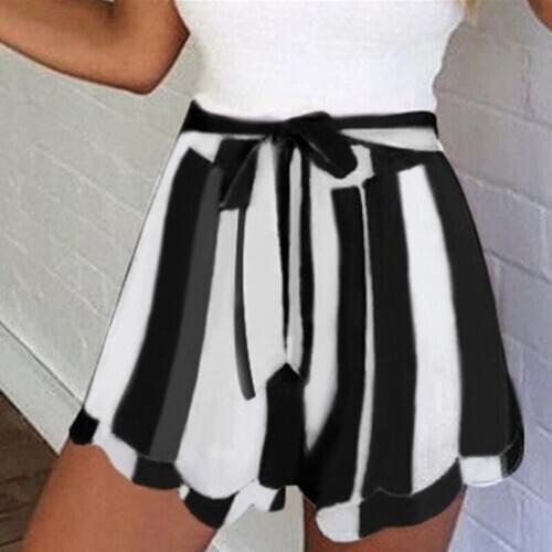 Striped Shorts Women Female Shorts High Regular Drawstring Polyester Sashes Fashion Loose Lotus Leaf Edge Casual