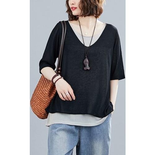 Oversizes Loose False Two Pieces Women T-shirts 2021 Summer New Knitted O-neck Short-sleeved Loose Female Pulls Tops Tees