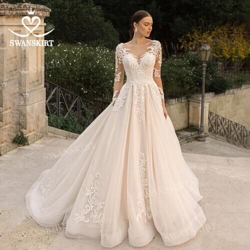 Wedding Dress Long Sleeve 2020 Appliques A-Line Sweetheart Lace Court Train Bridal Gown Princess Swanskirt N302 Vestido de novia