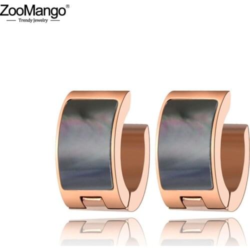 ZooMango New Stainless Steel Black Shell Wedding Earrings For Women Rose Gold Crystal Hoop Earrings For Christmas Gift ZE19283