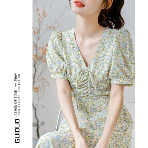 2021 New Print Dress Female Xia Xiaoqing Chiffon V-neck Gentle First Love French Dress