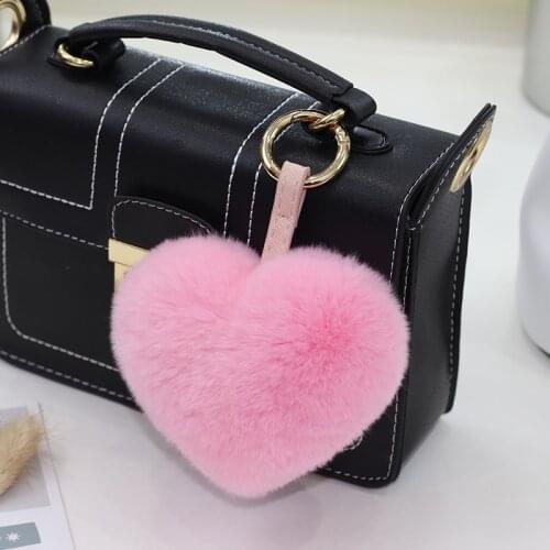 Jewelry-Accessories Key-Chains Fluffy Real Rex Rabbit Fur Womens Mini Heart Shape 10CM Pom-Poms Pendant