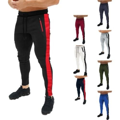 Mens Sports Pants Zipper Jogging Pants Gym Trousers Sporty Men Autumn Color Block Drawstring Pockets Skinny Jogging Pencil Pant