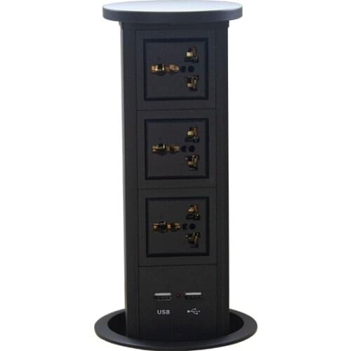 Black Pneumatic Drive 3 Way Universal Hidden Automatic Tabletop Pop up Kitchen Pop Up Socket +2 USB Charger Ports