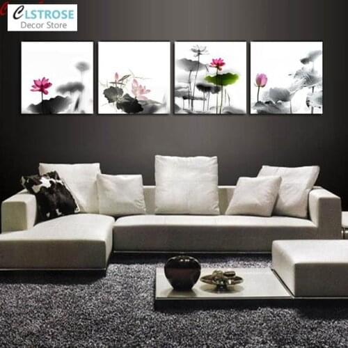 CLSTROSE 4Pcs Chinese Calligraphy Flower Ink Art Poster Print Picture Lotus Blooming Canvas Painting Home Decoration Living Room
