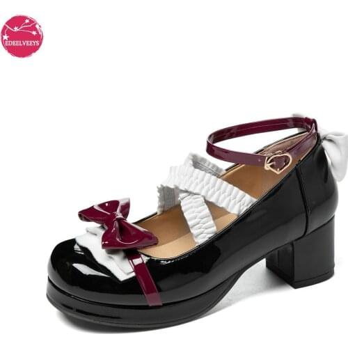 Color Contrast Lolita Shoes Cross Strap Bow Cute Girls JK Uniform Princess Tea Party Students Lovely Pumps Large Size 34-48