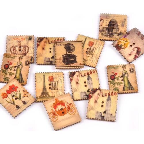 2 Holes wooden buttons for crafts mixed European vintage stamp Sewing Button DIY Craft Scrapbooking Apparel Accessories M1771