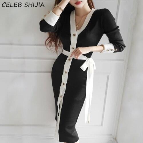 Chic Khaki Knitting Dress for Woman Fall V-neck Button Elegant Party Knit Dress Vestido Woman Korean Business Autumn Dress OL