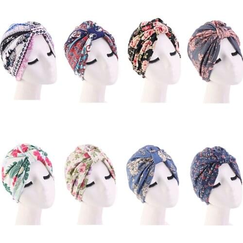 Fashion printing ladies Turban bonnet soft cotton arab wraps top Knot hijab caps women head scarf ready to wear ladies turbante