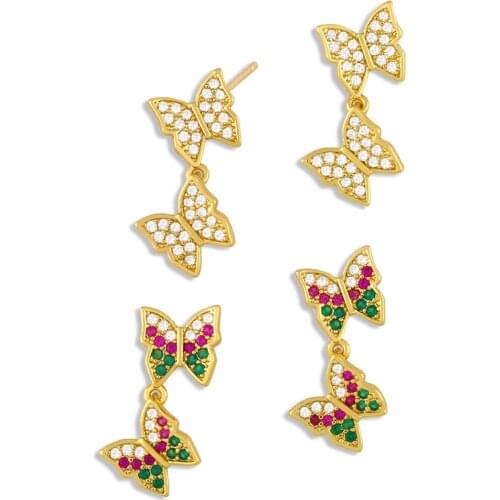 FLOLA White Stone Two Butterfly Earrings For Women Cute Small Multicolor Drop Earrings Charm Dangle CZ Zirconia Jewelry ersv76