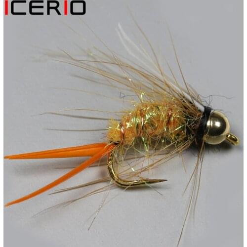 ICERIO 8PCS Brass Bead Head Yellow Crazy Psycho Prince Nymphs Wet Flies Trout Fishing Fly Lures #12