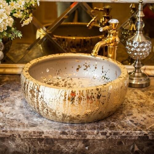 Ceramic Counter Top Wash Basin Cloakroom Hand Painted Vessel Sink porcelain ceramic wash basin bathroom sink gold