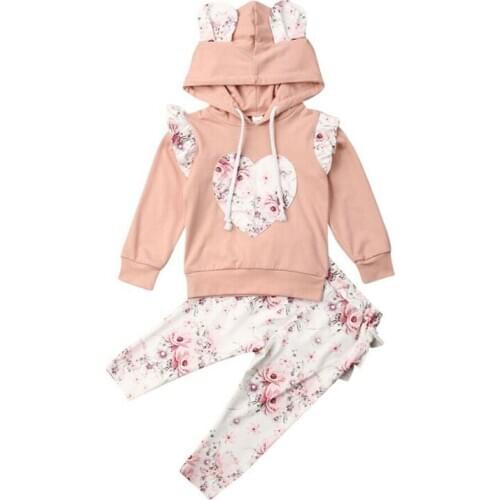 0-24M Cute Flower Baby Girl Clothes Set Infant Newborn Baby Hooded Long Sleeve Tops Ruffles Pants Trousers Autumn Spring Clothes