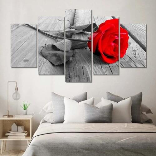 Red Rose Grey Wooden Board 5 Panels Canvas Painting HD Posters Wall Art Print Pictures Living Room Interior Home Decoration