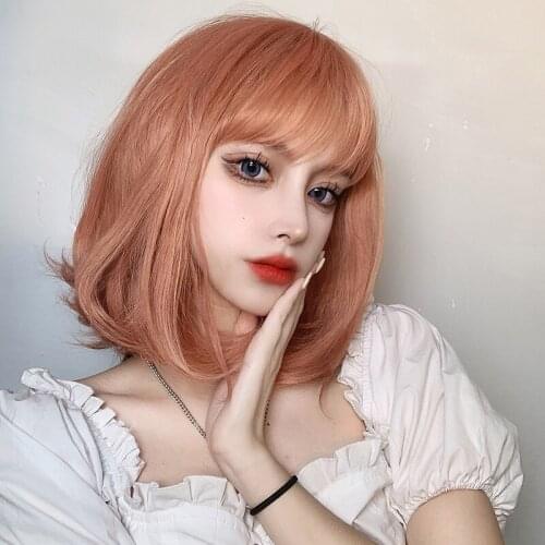 LM Synthetic Orange Pink Short Wig Shoulder-length Slightly Wavy Wig Lolita Girl Synthetic Heat-resistant Wig
