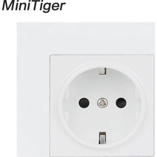 Minitiger White Wall Plastic Panel 1 Gang Power Socket Plug Grounded, 16A EU Standard Electrical Double Outlet 86mm * 86mm