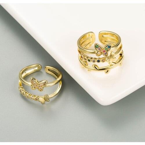Fashion Crystal Gold Butterfly Rings for Women Cute Leaf Open Adjustable Simple Ring Party Wedding Jewelry Gifts